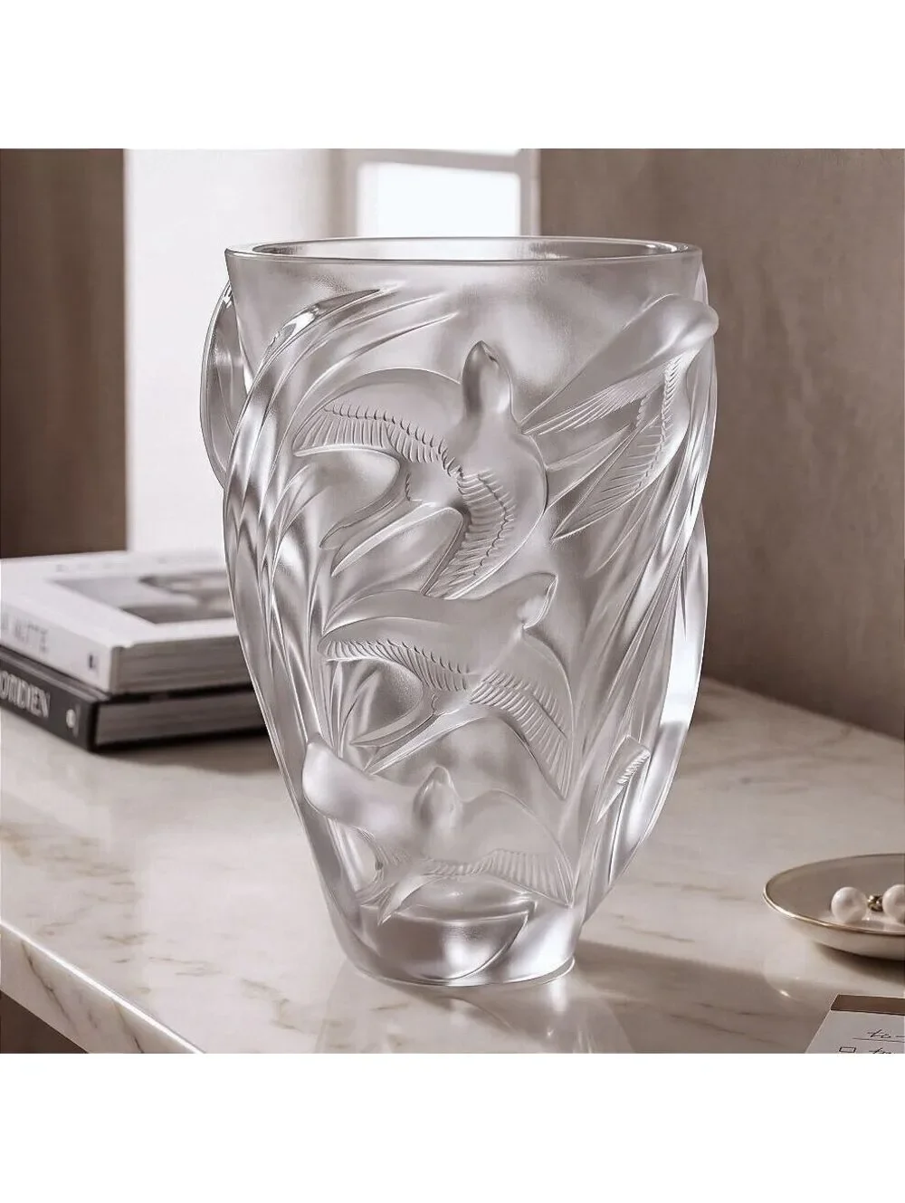 Vintage Large Lalique Martinets Large Frosted Crystal Swallows Vase France - 10